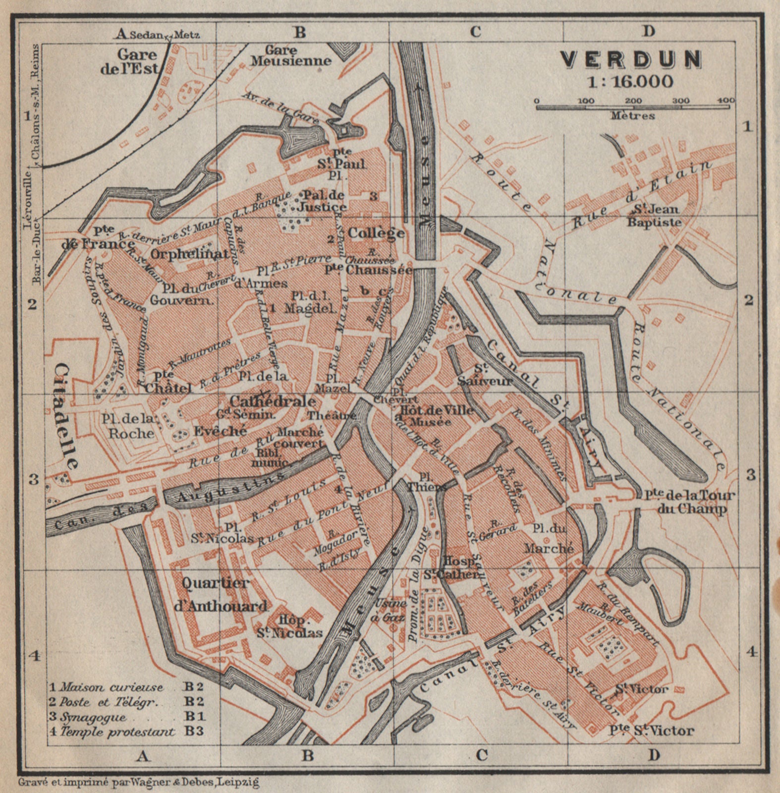 VERDUN antique town city plan de la ville. Meuse carte. BAEDEKER. SMALL 1909 map